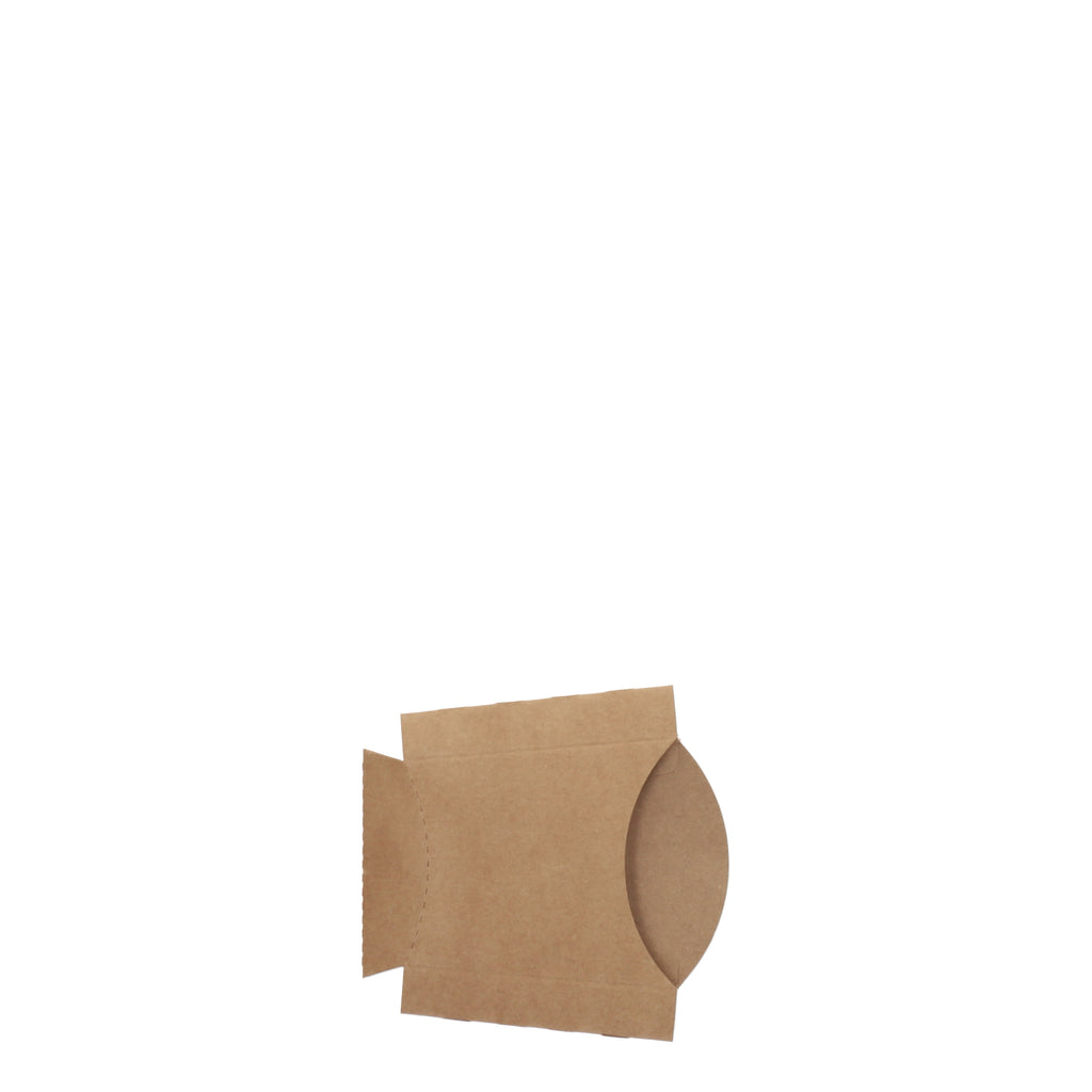 Medium kraft chip scoop, three-quarter angle view showing flat scoop on its side with oval opening and natural kraft brown board construction on white background
