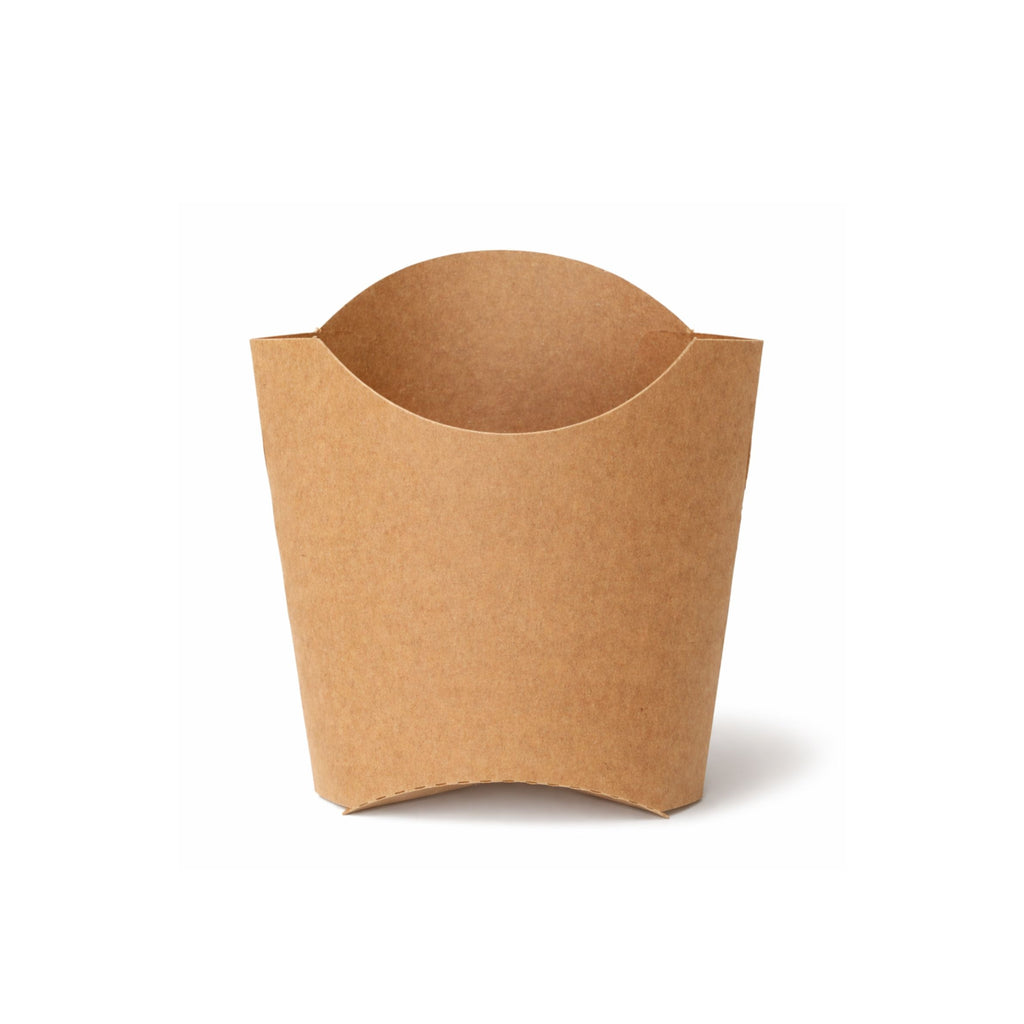 Medium kraft chip scoop, straight front view showing assembled upright scoop with curved opening and natural kraft brown finish on white background