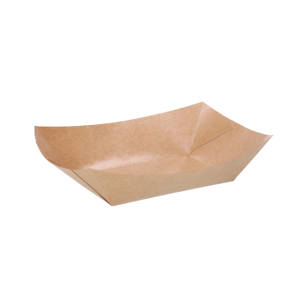 Medium kraft paper boat tray, three-quarter angle perspective view showing open rectangular tray interior and natural kraft brown finish on white background
