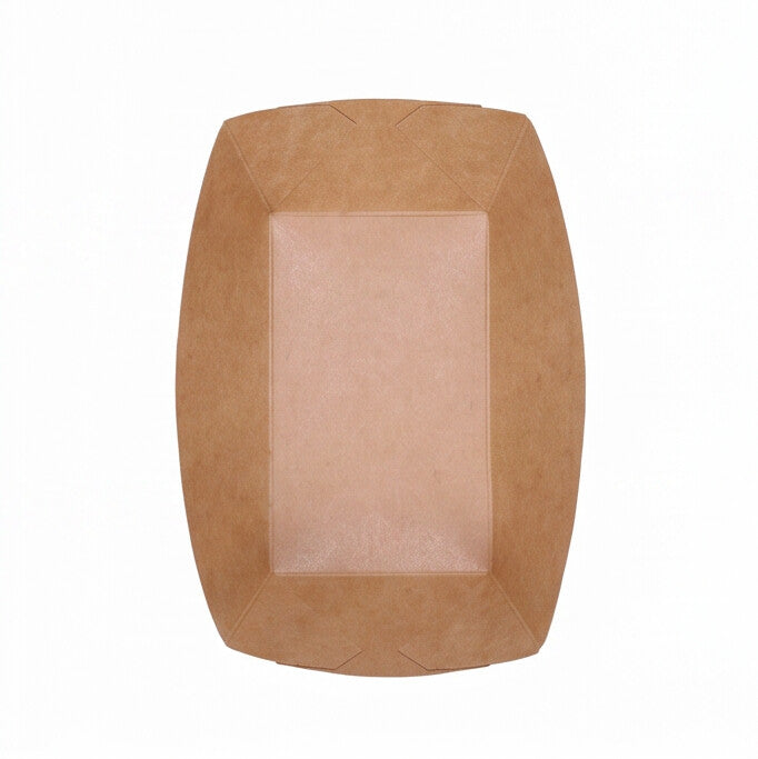 Medium kraft paper boat tray, top-down view in landscape orientation showing full interior base and flared sides in natural kraft brown finish on white background