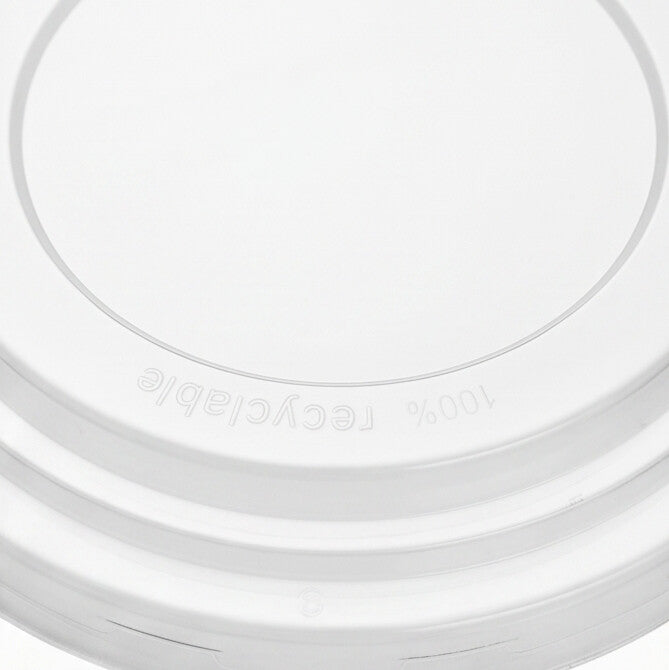 Close-up of the rim of a clear 150mm PET lid, showing the "100% recyclable" embossing and concentric stepped rings