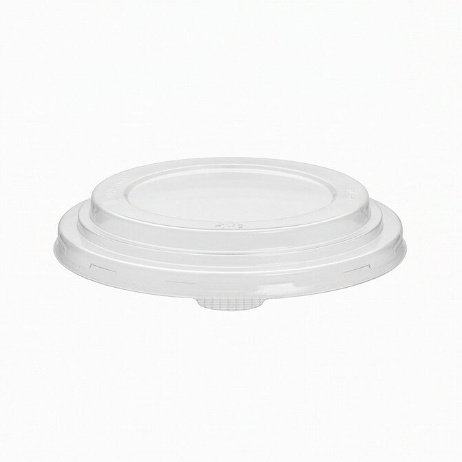 Clear 150mm PET lid viewed from a low side angle, revealing its raised dome profile, stepped sidewall and snap-fit rim