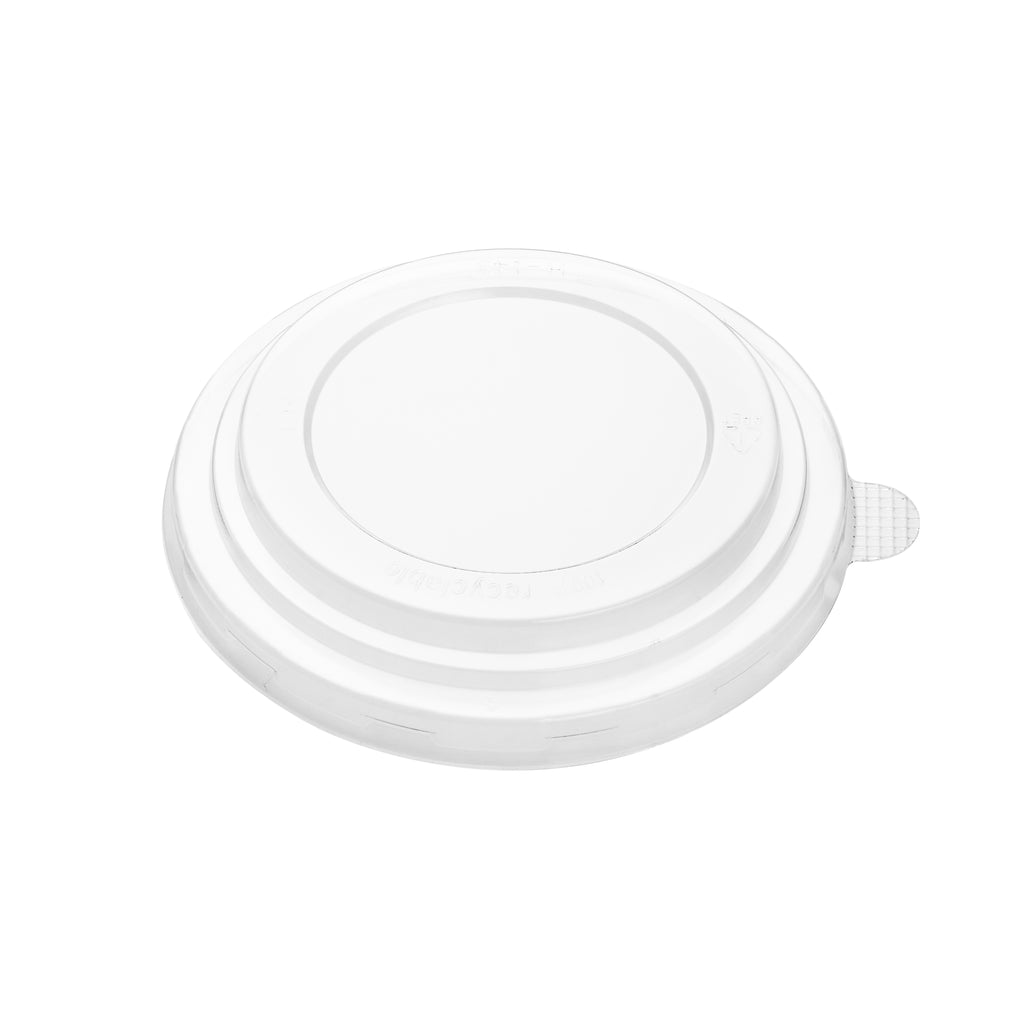 Clear 150mm PET lid viewed from directly above, showing the recessed flat center, concentric rings, PET recycling marks and side pull tab on a white background