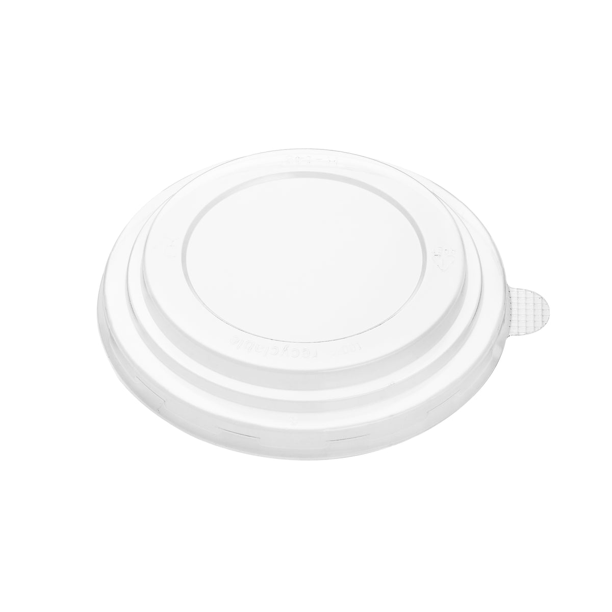 Clear 150mm PET lid viewed from directly above, showing the recessed flat center, concentric rings, PET recycling marks and side pull tab on a white background