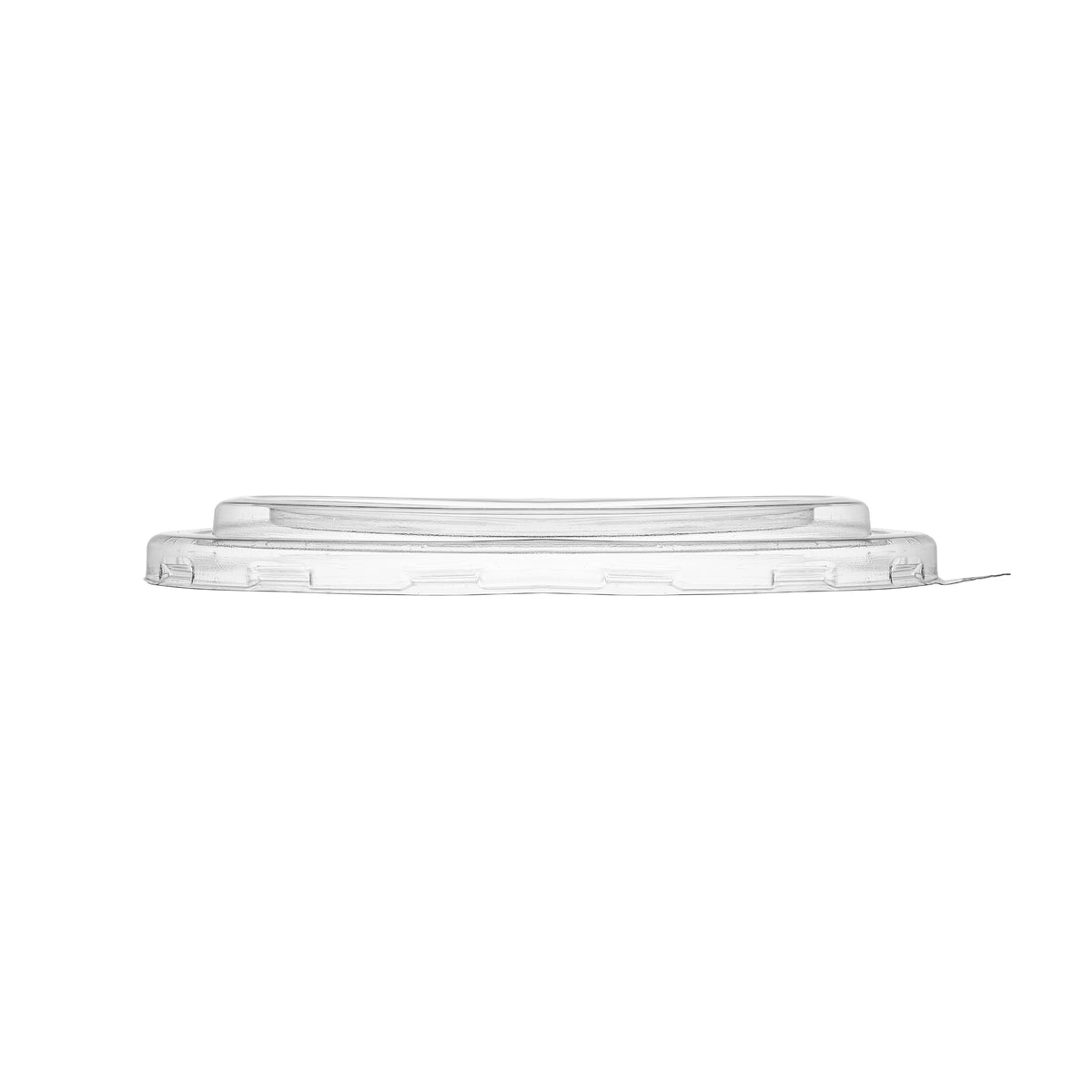 Clear 183mm PET lid showing the underside with faint recycling marks, concentric stepped rings and grip pull tab