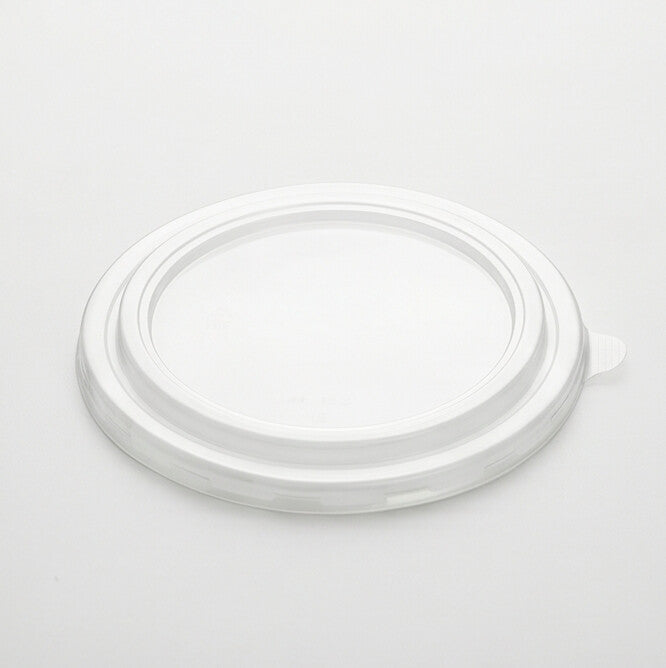 Clear 183mm PET lid shown at a three-quarter angle, highlighting the flat stepped top and pull tab.