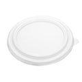 clear 183mm PET lid viewed from directly above, showing the flat transparent top, concentric rings and side pull tab on a white background.
