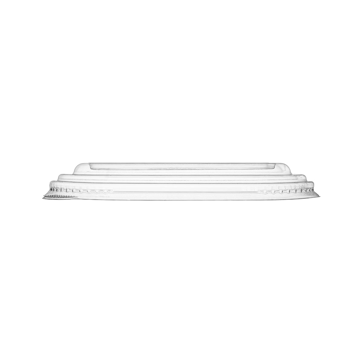 Clear PET rectangular lid viewed from the side, showing the low stepped dome profile and ribbed snap-fit locking rim.
