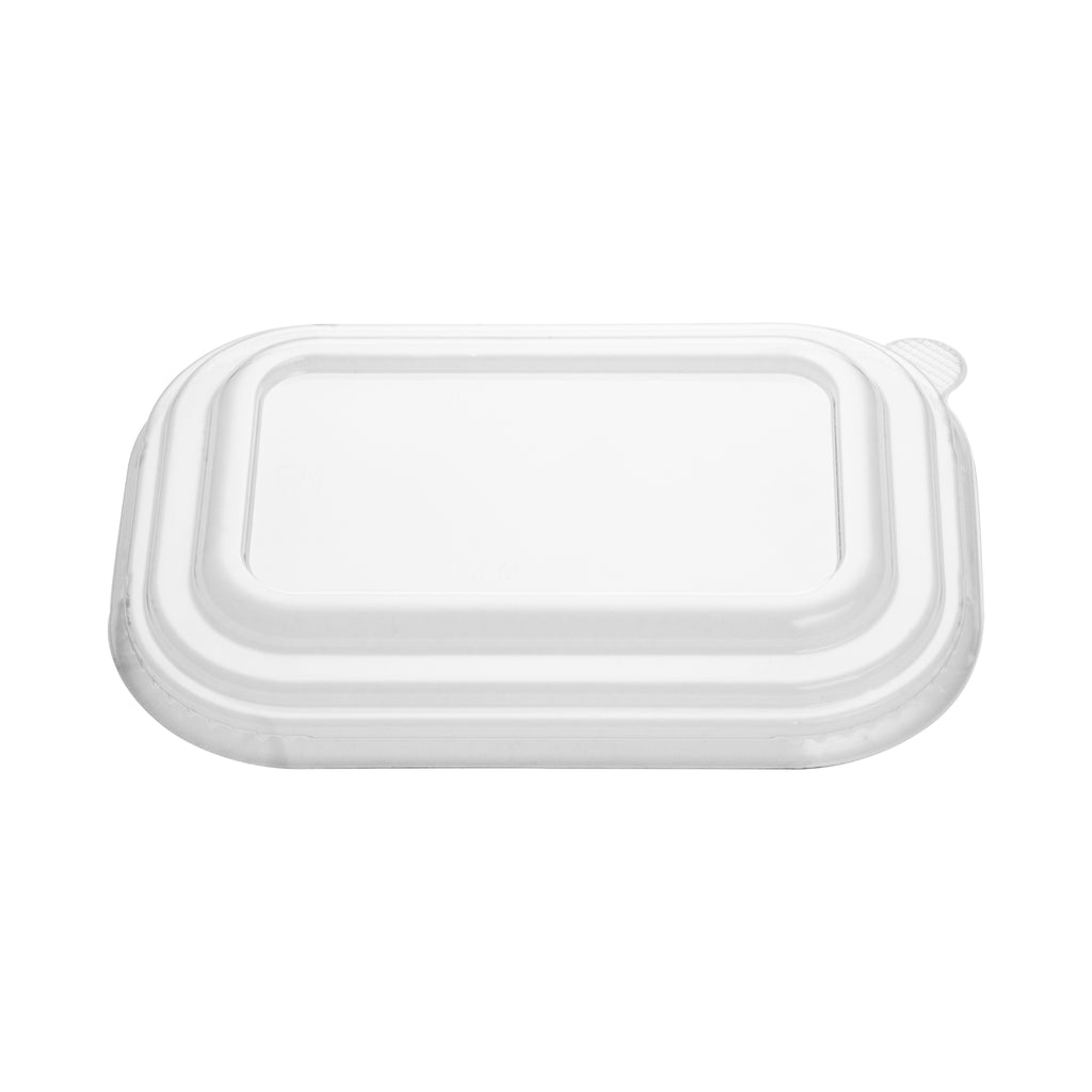 Clear PET rectangular lid shown at a three-quarter angle, highlighting the raised dome top, stepped panels and grip pull tab.