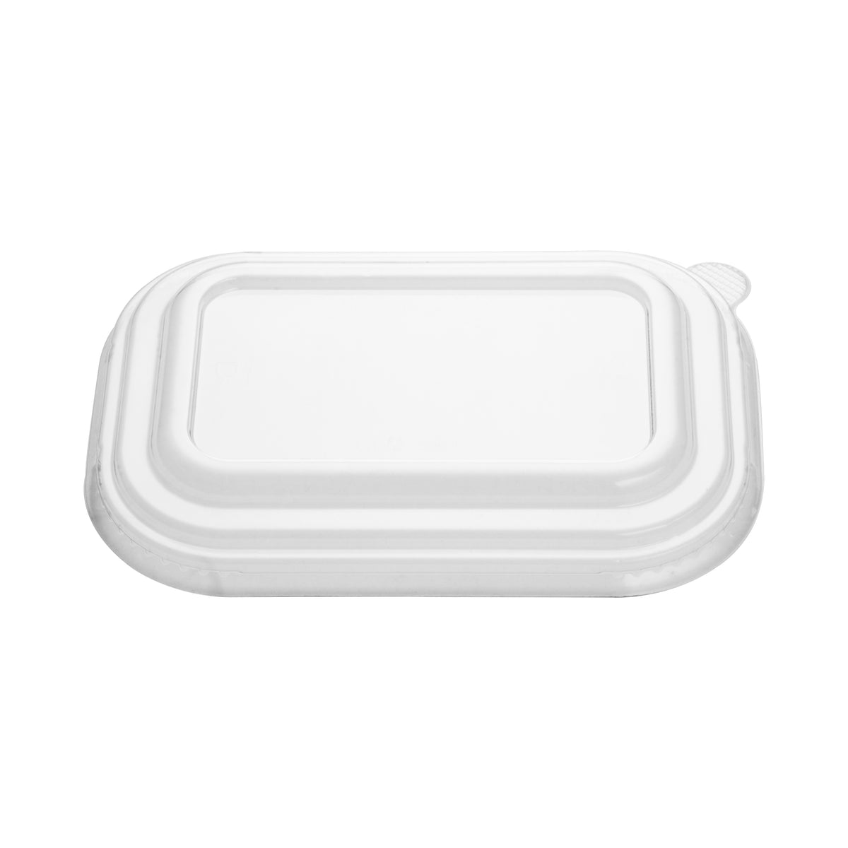 Clear PET rectangular lid shown at a three-quarter angle, highlighting the raised dome top, stepped panels and grip pull tab.
