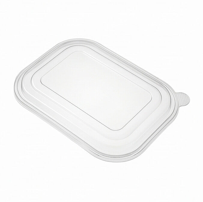 Clear PET rectangular lid shown at a three-quarter angle, highlighting the transparent stepped dome top and grip pull tab.