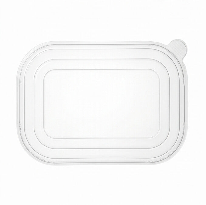 Clear PET rectangular lid viewed from directly above, showing the concentric stepped top, rounded corners and side pull tab on a white background.