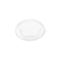 Clear PP lid 112mm, angle view from above showing full top surface, locking ridges and pull tab on white background