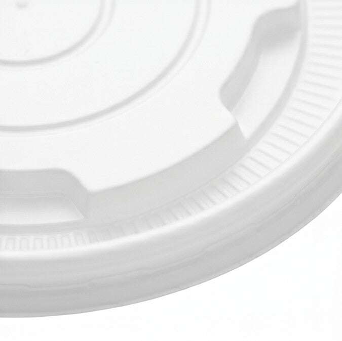 Close-up detail of PP lid 112mm showing locking ridge, serrated rim and snap-fit construction