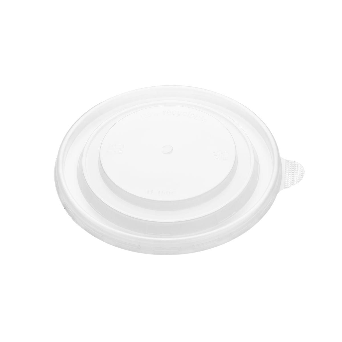 Close-up of the center of a clear 150mm PP lid, showing the "100% recyclable" text, food-safe fork-and-glass symbol, RPP recycling mark and H-150C model code