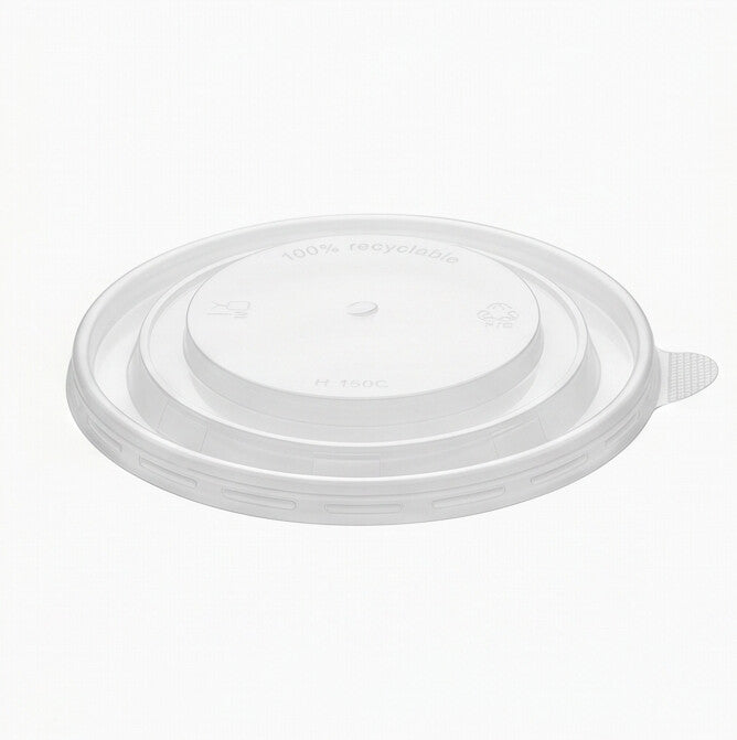 Clear 150mm PP lid viewed from a low side angle, revealing its stepped dome profile, recessed top and snap-fit rim