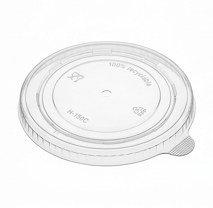 Clear 150mm PP lid shown at a three-quarter angle, highlighting the transparent flat top, "100% recyclable" embossing and grip tab