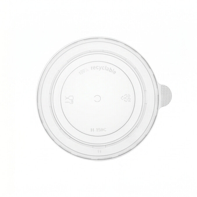 Clear 150mm PP lid viewed from directly above, showing the recyclable PP markings, food-safe icon, central vent and side pull tab on a white background