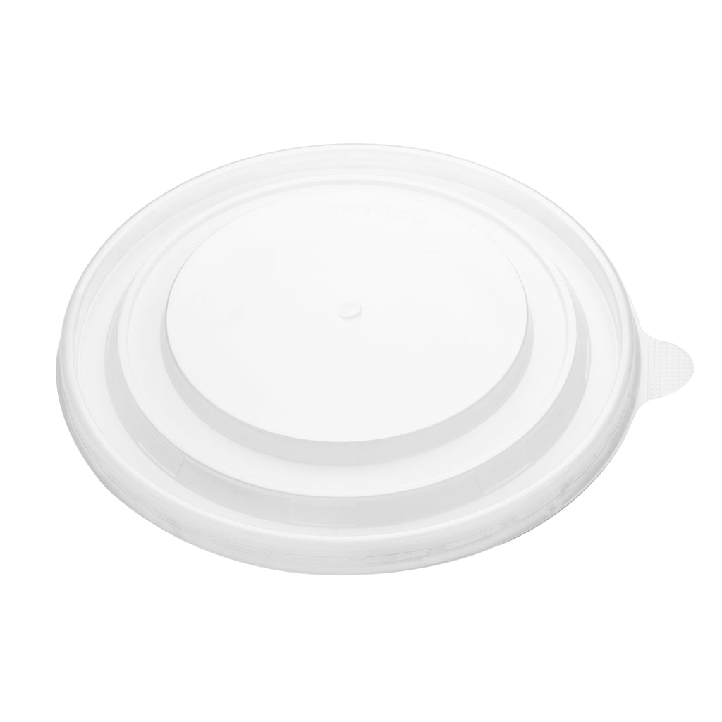 183mm PP lid viewed from directly above, showing the "100% recyclable" embossing, microwave-safe and recycling icons, central vent and side pull tab on a white background