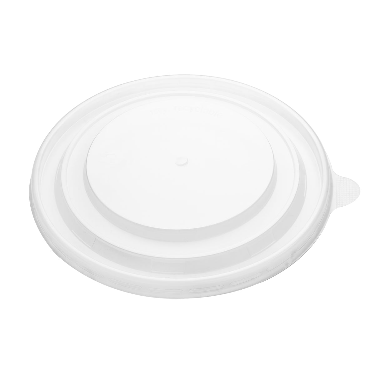 183mm PP lid viewed from directly above, showing the "100% recyclable" embossing, microwave-safe and recycling icons, central vent and side pull tab on a white background