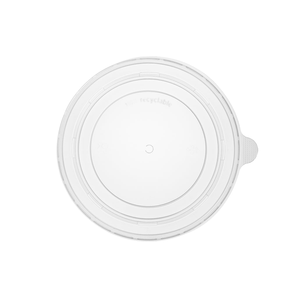 183mm PP lid viewed from directly above, showing the "100% recyclable" embossing, microwave-safe and recycling icons, central vent and side pull tab on a white background