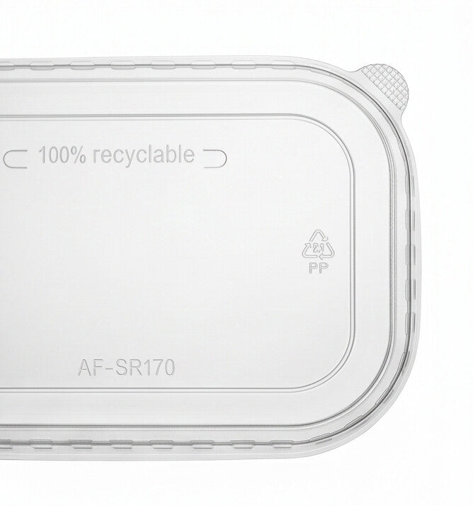 Close-up of a clear PP rectangular lid, showing the "100% recyclable" embossing, PP recycling symbol, AF-SR170 model code and textured pull tab.