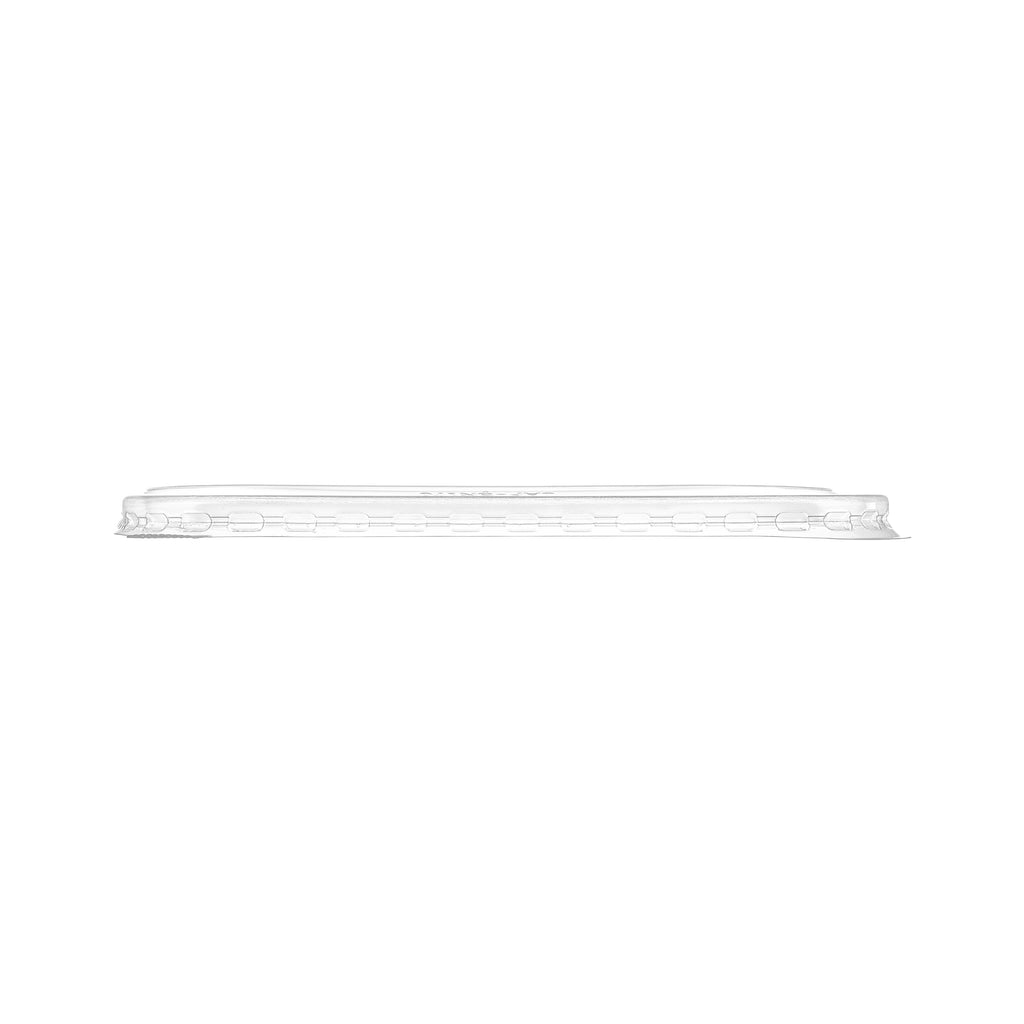 Clear PP rectangular lid viewed from the side, showing the slim profile and ribbed snap-fit locking rim.
