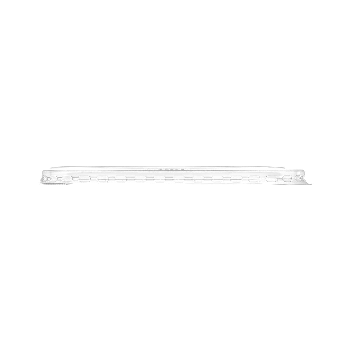 Clear PP rectangular lid viewed from the side, showing the slim profile and ribbed snap-fit locking rim.
