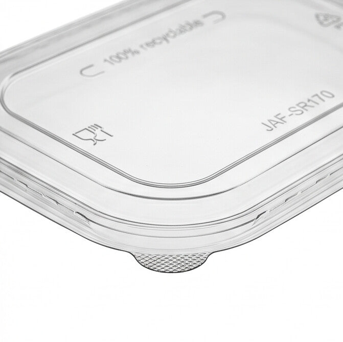 Close-up detail of the textured grip pull tab and embossed markings on a clear PP rectangular lid.