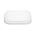 Clear PP rectangular lid viewed from directly above, showing the rounded-corner shape, "100% recyclable" embossing, recycling marks and side pull tab on a white background.