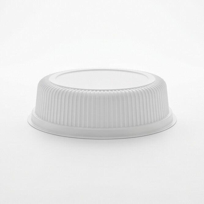 Clear ribbed PP soup bowl insert shown from below, highlighting the fluted underside and stacking base.