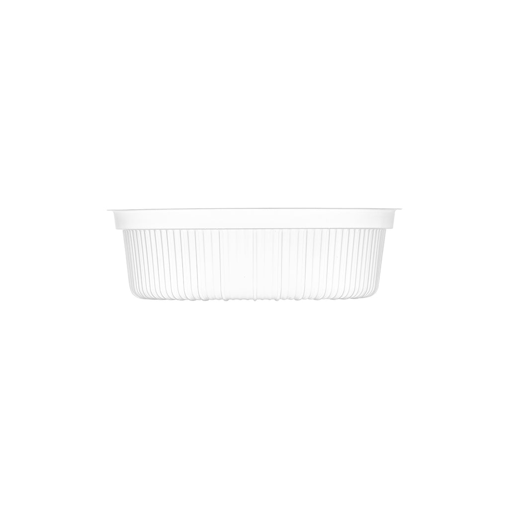 Clear ribbed PP soup bowl insert viewed from the side, showing the fluted profile and rolled rim.