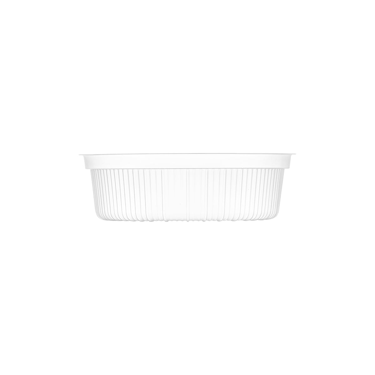 Clear ribbed PP soup bowl insert viewed from the side, showing the fluted profile and rolled rim.