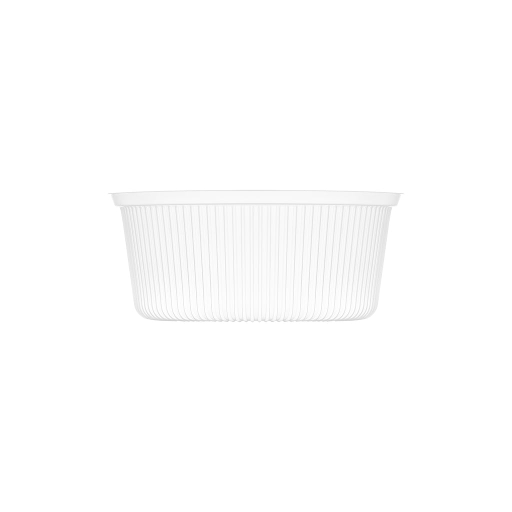 Clear ribbed PP soup bowl insert viewed from the side, showing the tall fluted profile and rolled rim.