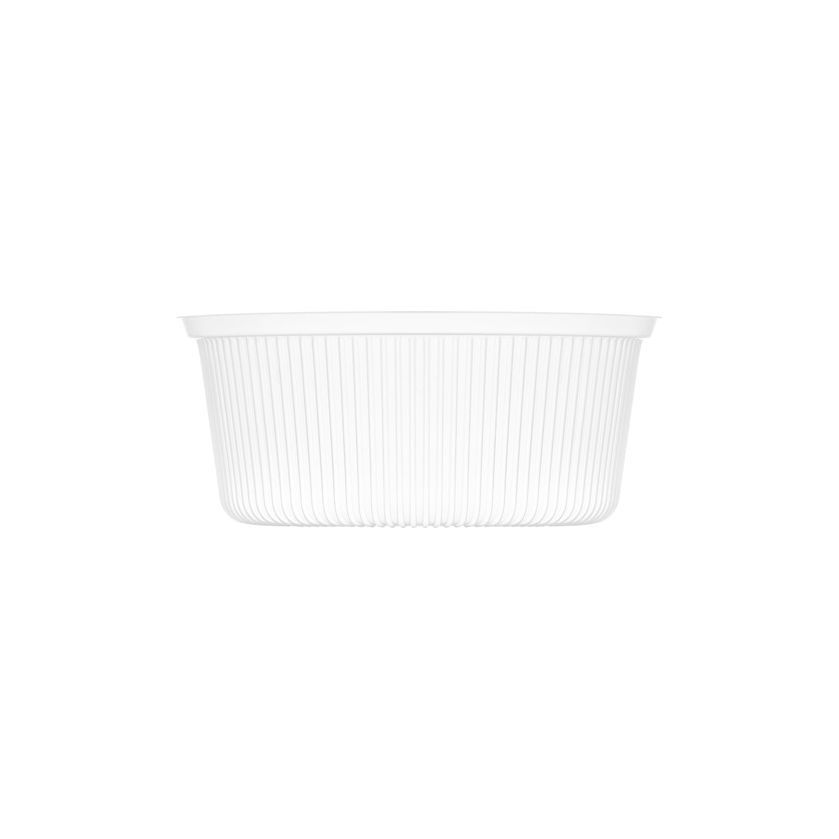 Clear ribbed PP soup bowl insert viewed from the side, showing the tall fluted profile and rolled rim.
