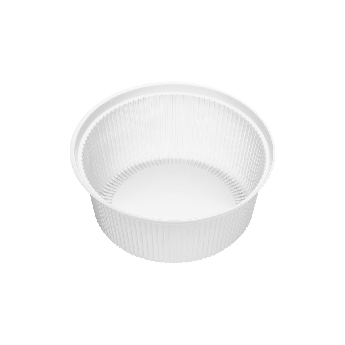Clear ribbed PP soup bowl insert (140mm x 55mm) shown at a three-quarter angle, revealing the deep fluted interior, base and rolled rim.