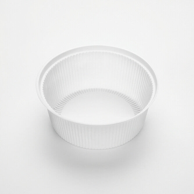 Clear ribbed PP soup bowl insert (140mm x 55mm) shown at a three-quarter angle, revealing the deep fluted interior, base and rolled rim.
