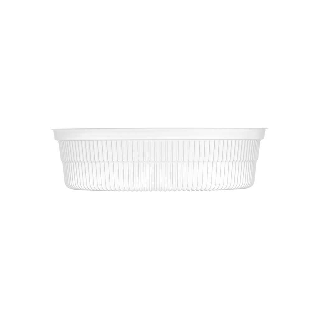 Clear ribbed PP soup bowl insert viewed from the side, showing the wide fluted profile and rolled rim.
