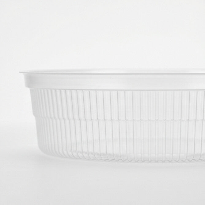 Clear ribbed PP soup bowl insert (165mm x 45mm) shown at a three-quarter angle, revealing the wide fluted interior, base and rolled rim.
