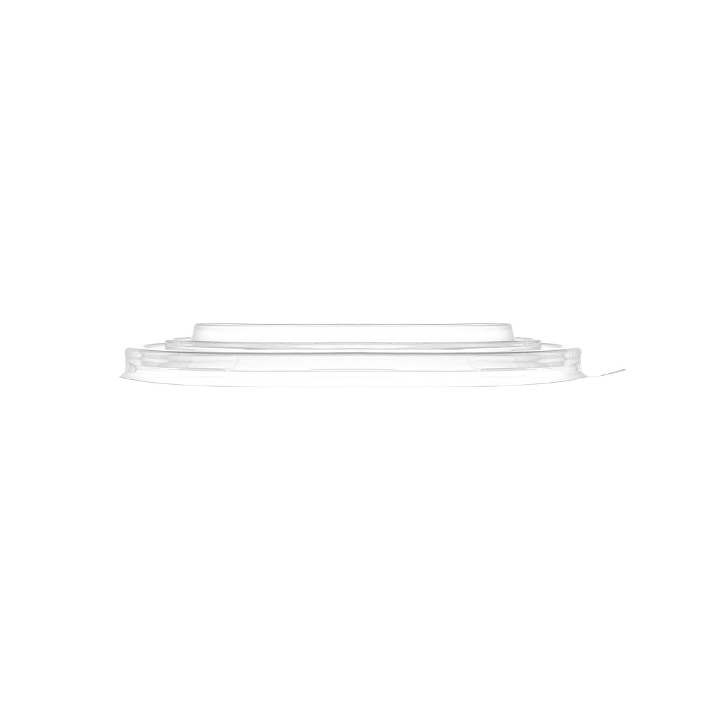 Clear PP soup bowl lid 140mm viewed from the side, showing the slim stepped profile and snap-fit rim.
