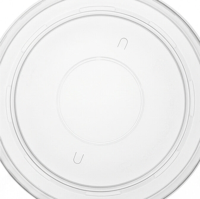 Close-up of the recessed center panel and embossed marks of a clear PP soup bowl lid 165mm.
