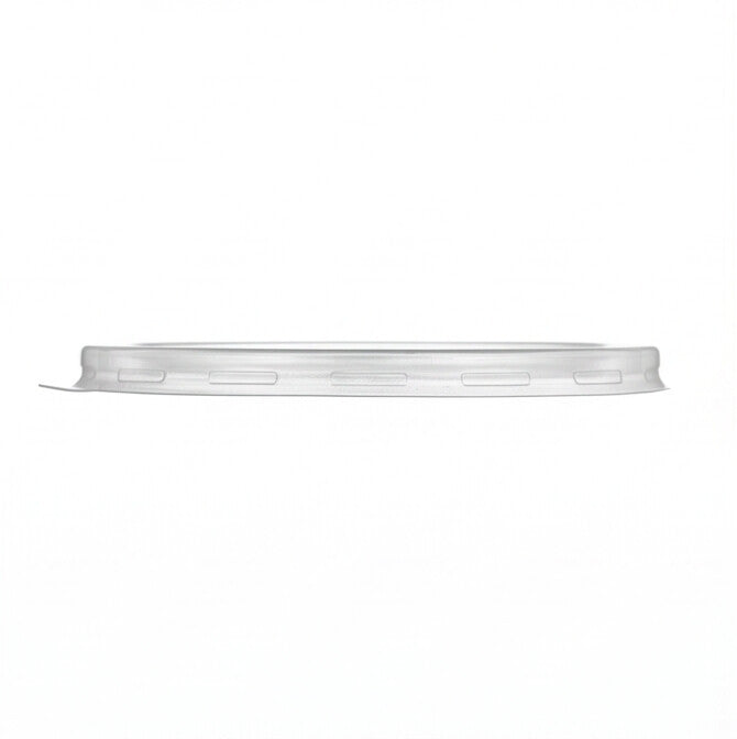 Clear PP soup bowl lid 165mm viewed from the side, showing the slim flat profile and snap-fit rim.
