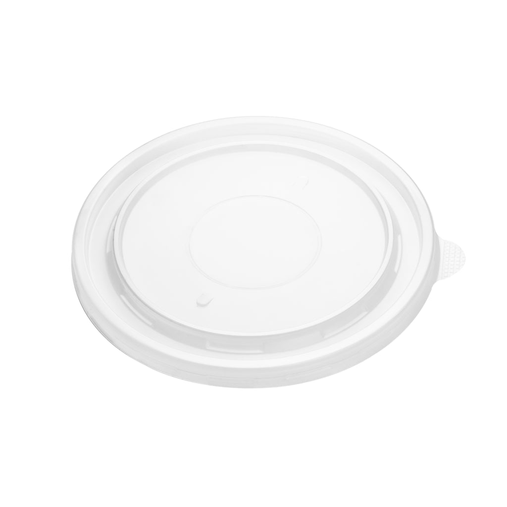 Clear PP soup bowl lid 165mm shown at a three-quarter angle, highlighting the low flat top and grip pull tab.