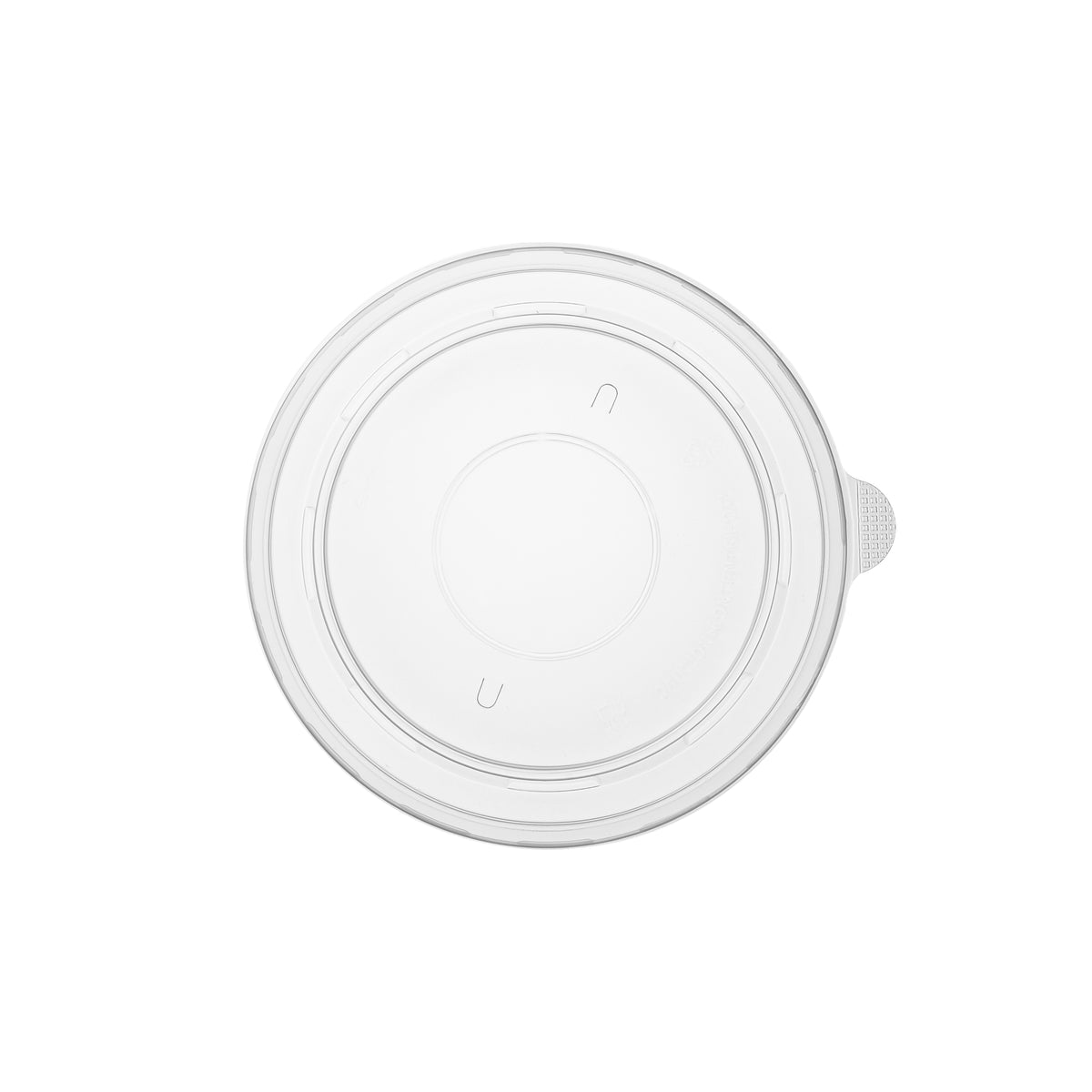 Clear PP soup bowl lid 165mm viewed from directly above, showing the flat recessed center, concentric rings and side pull tab on a white background.
