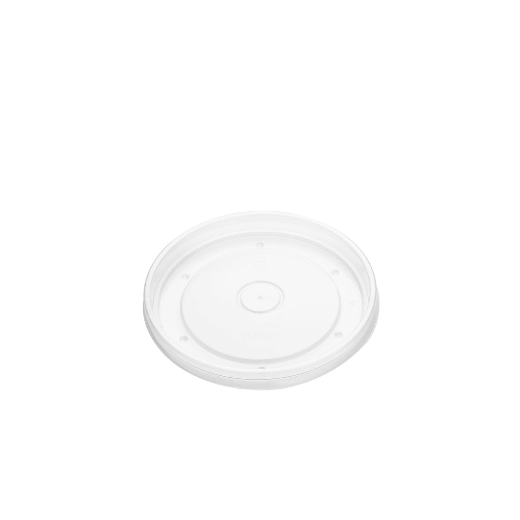 Angled view of clear PP vented lid 118mm, showing transparent surface with centre vent hole and locking rim clips