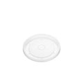Angled view of clear PP vented lid 118mm, showing transparent surface with centre vent hole and locking rim clips