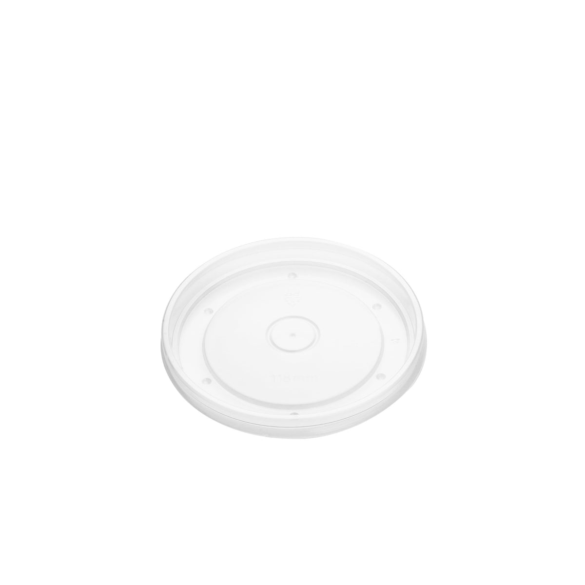 Angled view of clear PP vented lid 118mm, showing transparent surface with centre vent hole and locking rim clips
