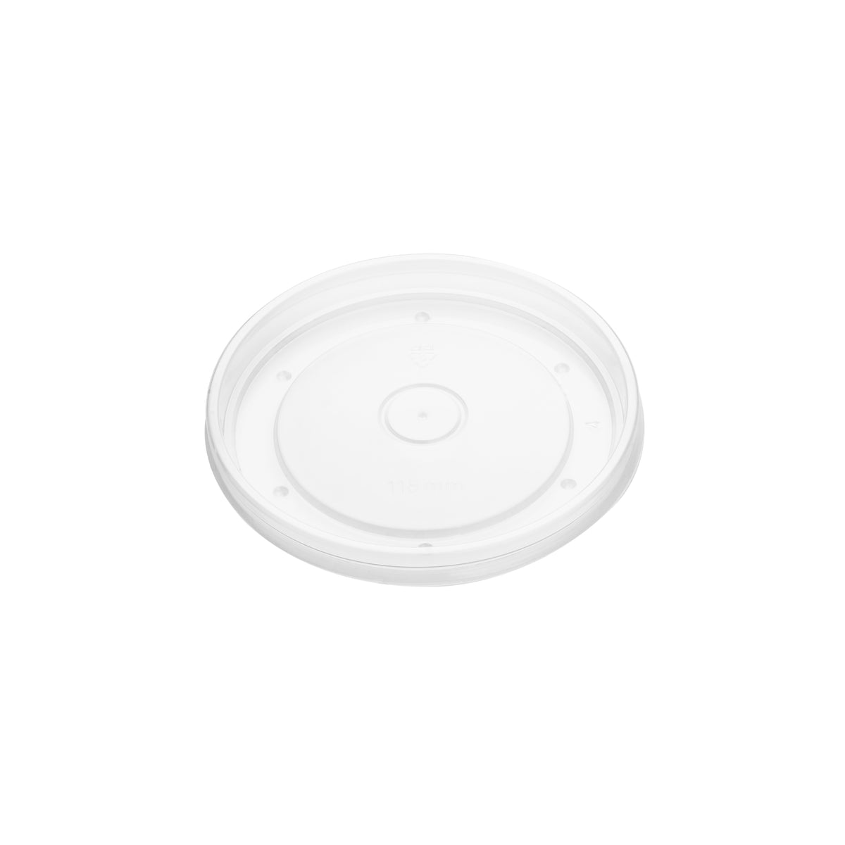 Angled view of clear PP vented lid 118mm, showing transparent surface with centre vent hole and locking rim clips