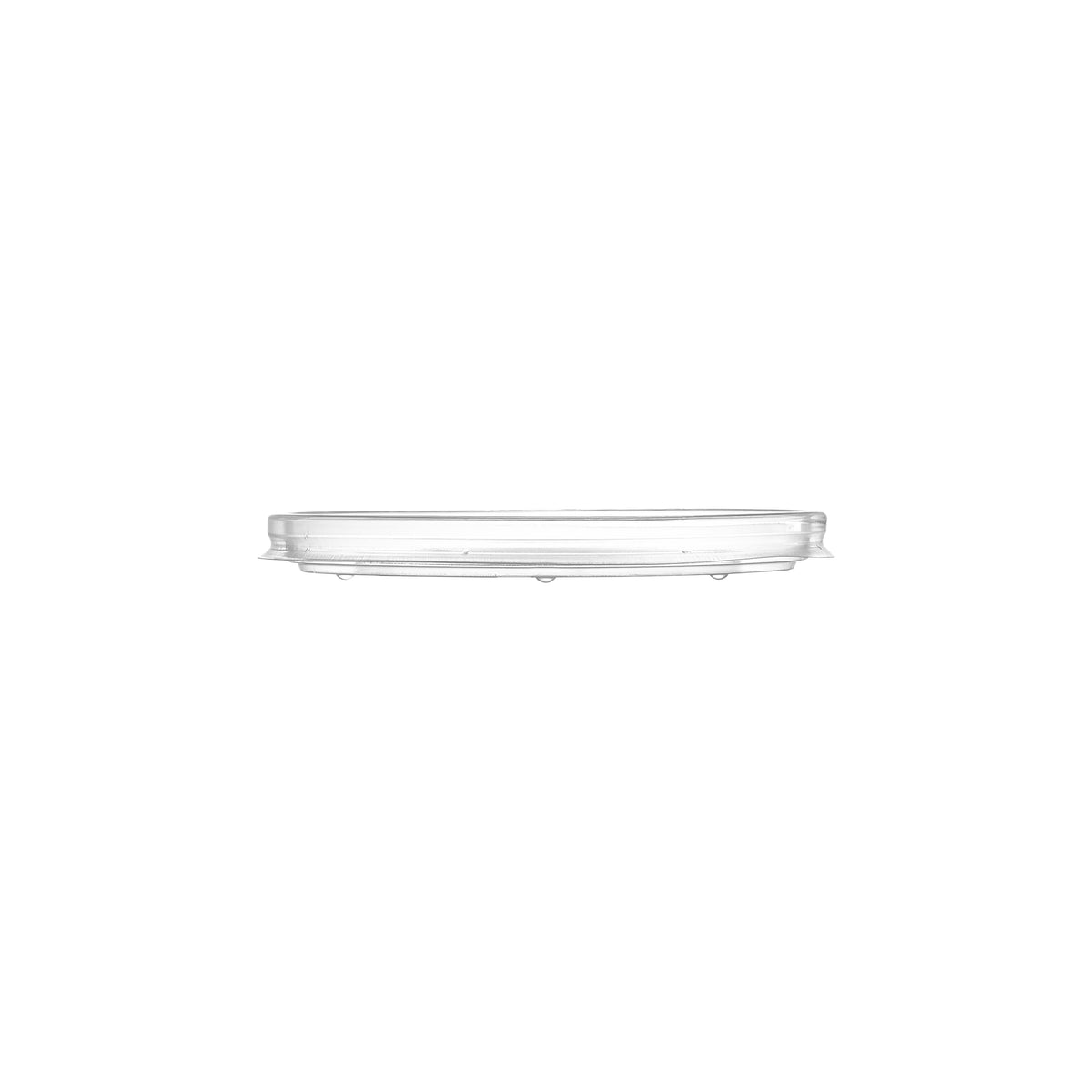 Clear PP vented lid 118mm for soup bowl container, side profile view showing slim transparent design on white background