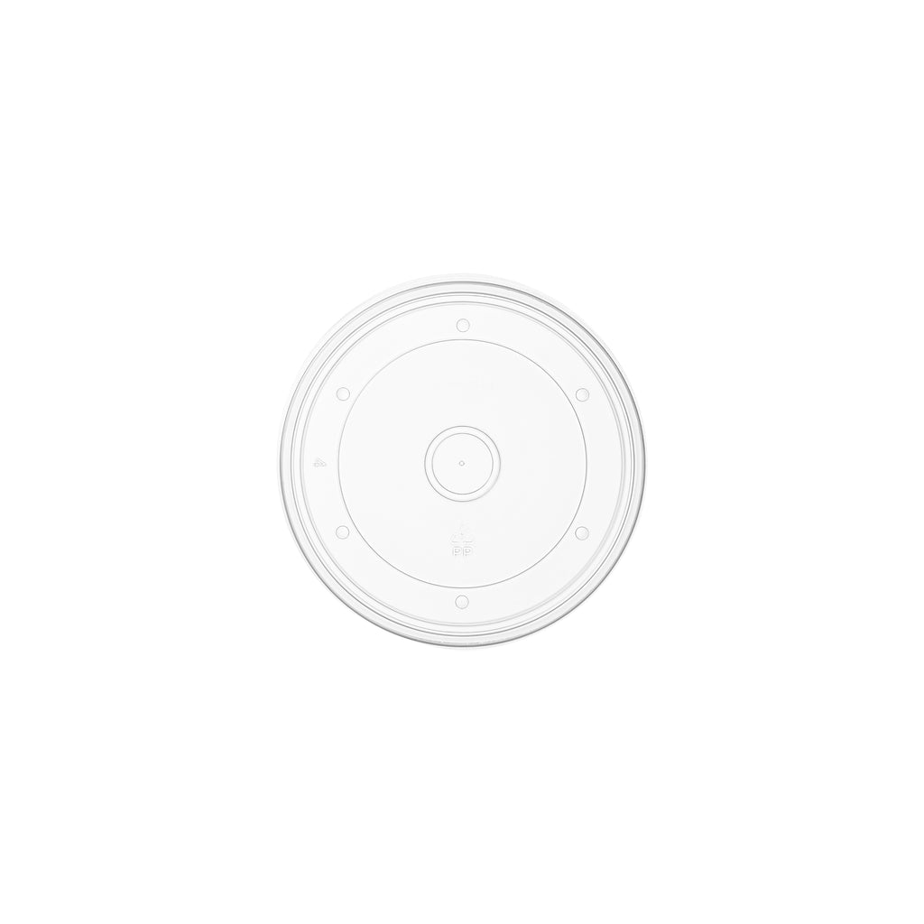 Top-down view of clear PP vented lid 118mm, showing concentric ring design and centre ventilation hole